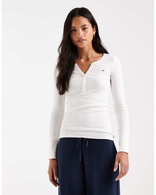 Hollister White Long Sleeve Button Up Henley Top