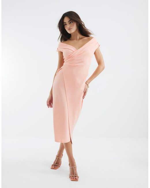 River Island Natural Asymmetric Lapel Wrap Midi Dress