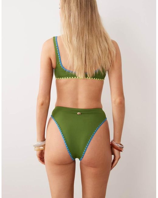 ASOS Green Farrah Fish High Leg High Waist Bikini Bottom With Blanket Stitch Detail