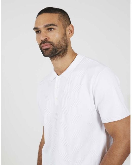 Brave Soul White Jacquard Knit Short Sleeve Polo Shirt for men