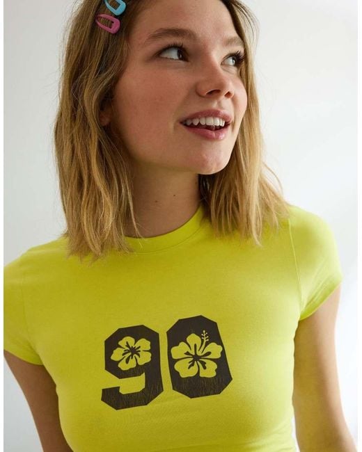Bershka Yellow Short Sleeve Ruched Print T-Shirt