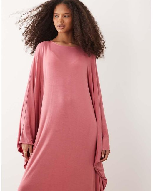 Iyal Pink Jersey Dramatic Wide Sleeve Detail Kaftan Maxi Dress
