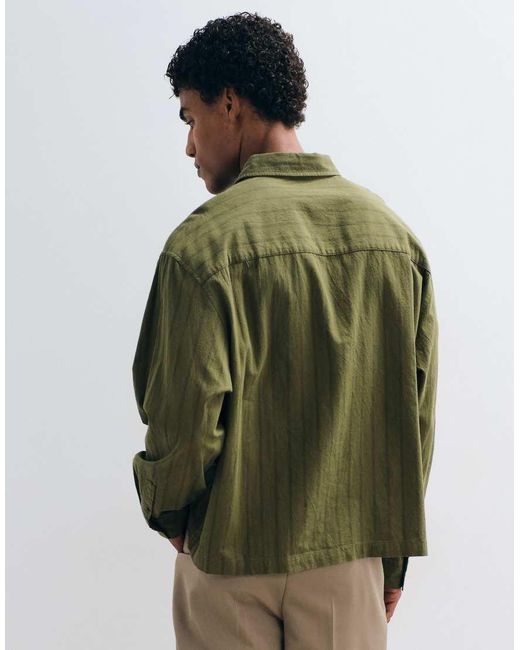 ASOS Green Boxy Oversized Linen Look Stripe Shirt With Chest Pocket for men