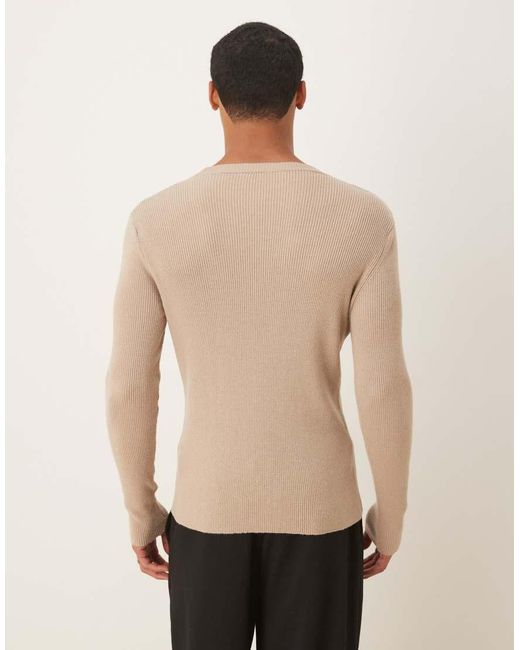 ASOS Natural Muscle Fit Long Sleeve Compact Knit Rib T-shirt for men