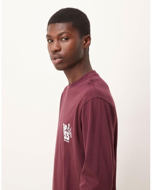 ASOS Red Long Sleeved Relaxed Fit T-shirt With Print Detail for men