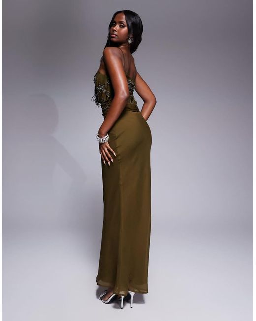 Vestido Largo De Corte Al Bies Con Tirantes Finos, Cuerpo Drapeado Y Abalorios De -Verde ASOS de color Brown