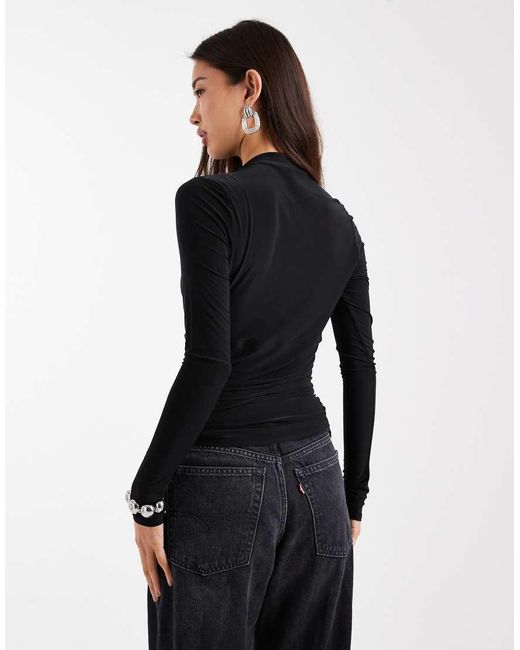 ASOS Black Ruched Slinky Long Sleeve Top