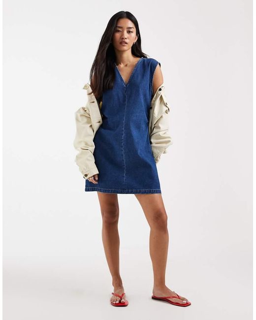 ONLY Blue V Neck Denim Mini Dress