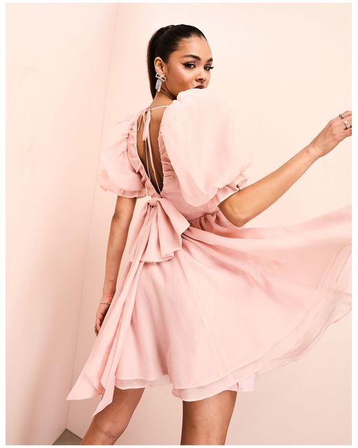 ASOS Pink Plunge Puff Sleeve Mini Dress