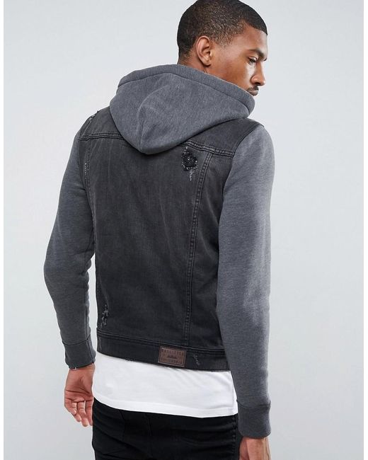 Hollister Holliser Denim Jacket With Jersey Sleeves And Hood in Black for  Men | Lyst