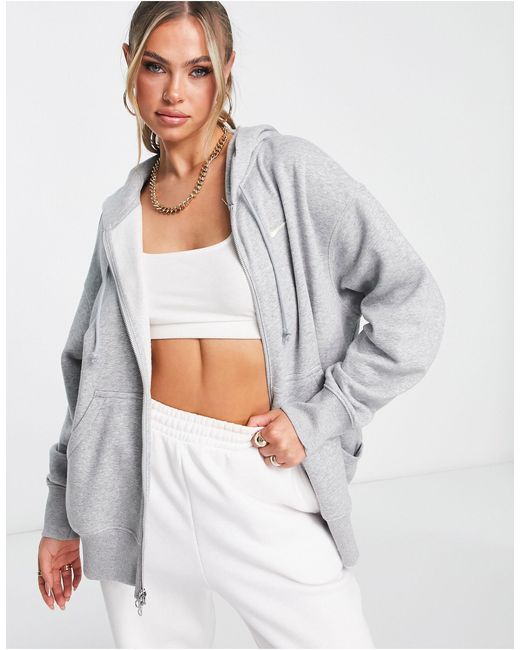 Sudadera y blanca extragrande con capucha, cremallera y logo pequeño Nike de color Gray