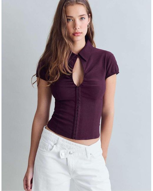 Stradivarius White Cut-out Short Sleeve Shirt