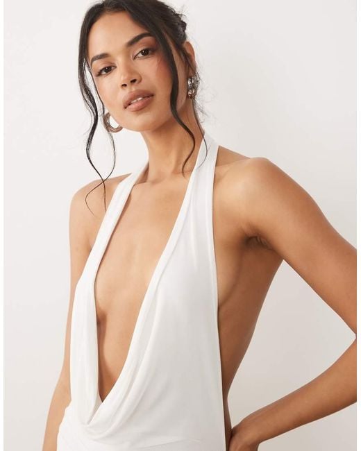 ASOS Natural Plunge Cowl Mesh Maxi Dress With Ruched Drop Waist Detail