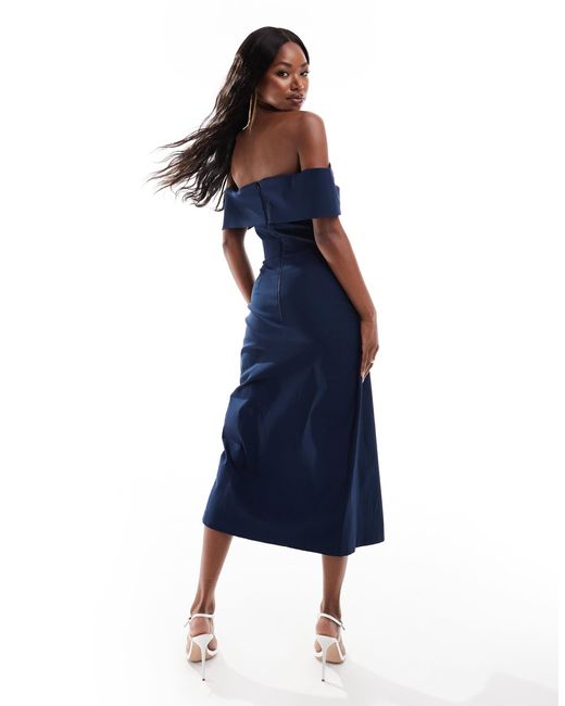 Vesper Blue Bengaline Bardot Sweetheart Neck Wrap Midaxi Dress