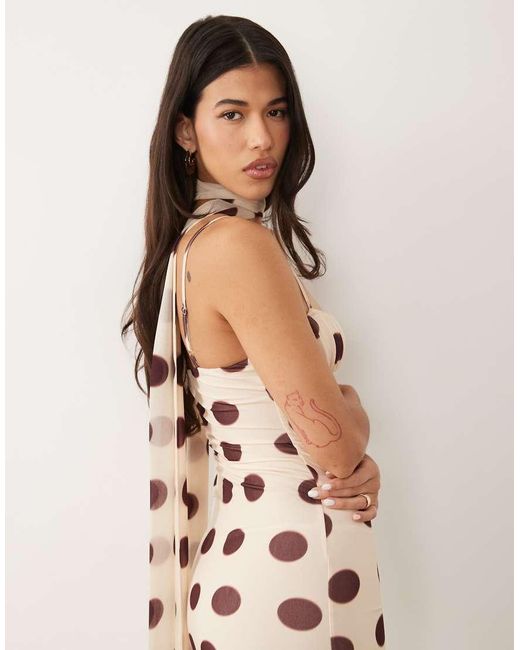 ASOS Pink Ruched Bust Polka Dot Printed Strappy Maxi Dress With Scarf Detail