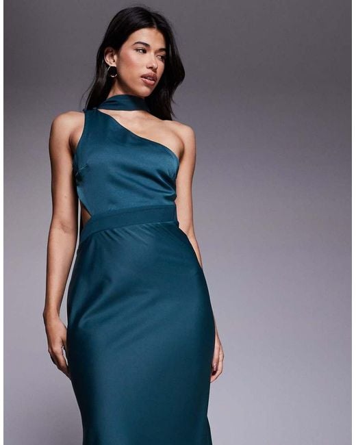ASOS Blue One Shoulder Satin Midi Dress With Neck Sash