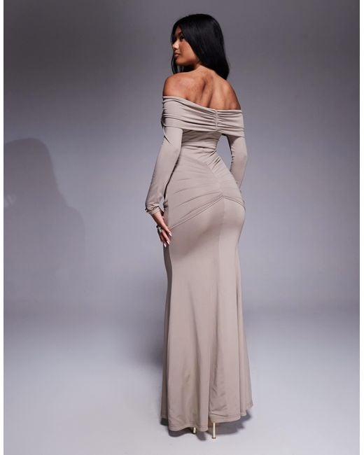 Aria Cove White Deep Bardot Gold Hardware Front Drape Detail Maxi Dress