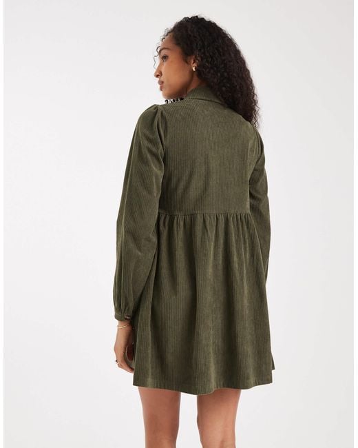 Threadbare Cord Shirt Mini Dress in Green | Lyst