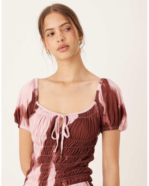 ASOS Pink Crinkle Shirred Waist Milkmaid Puff Sleeve Midi Tea Dress