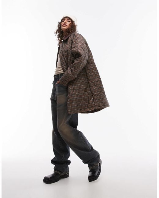 TOPSHOP Brown Check Long Nylon Coat With Cord Collar