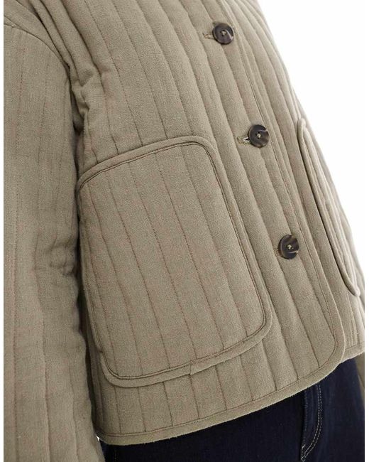 ASOS Natural Linen Crop Collarless Quilted Jacket