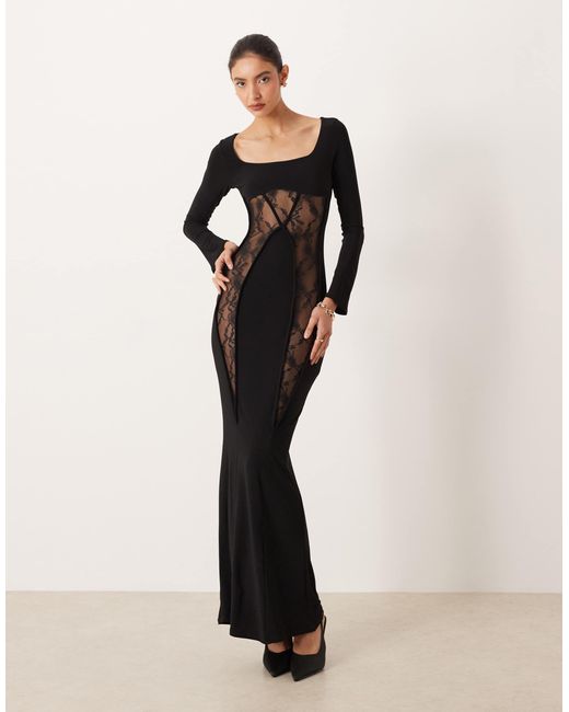 ASOS Long Sleeve Lace Panelled Maxi Dress in Black | Lyst