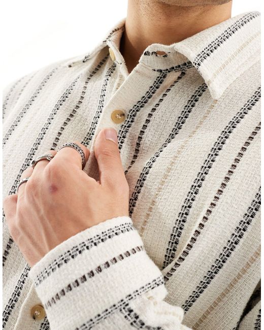 Pull&Bear White Long Sleeve Textured Stripe Shirt for men