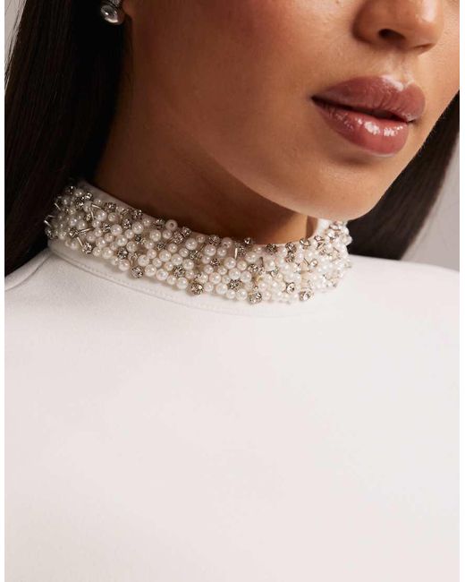 Wanderdoll Natural Crystal Bridal High Neck Cut Out Rhinestone Detailing Short Sleeve Maxi Dress