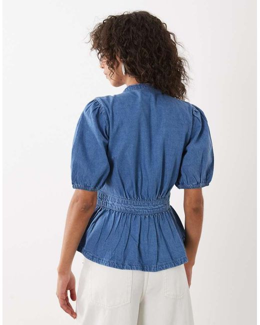 Nobody's Child Blue Tillie Denim Crew Neck Pleat Front Hook And Eye Peplum Top