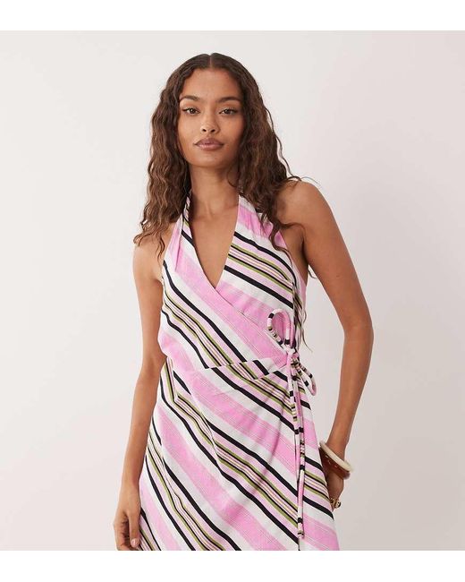 ASOS Pink Asos Design Petite Cotton Linen Halter Neck Wrap Mini Dress