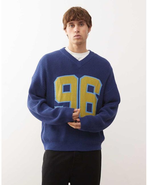 Reclaimed Vintage Blue Fisherman Knitted V Neck Slouchy Jumper for men