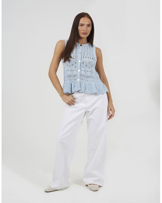 Brave Soul Blue Pointelle Knit Waistcoat With Frill Hem