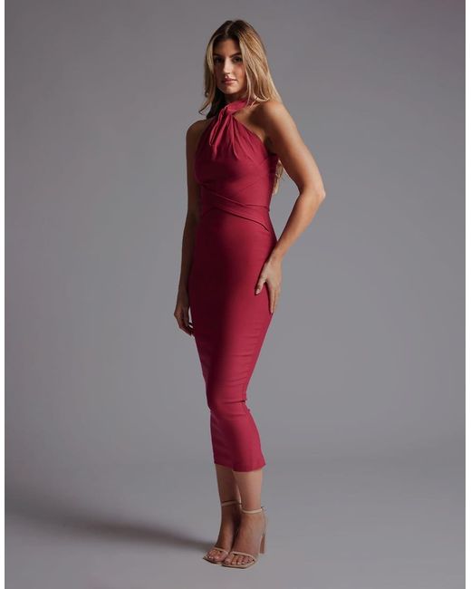 Vesper Red Halteneck Bodycon Midaxi Dress With Cross Straps