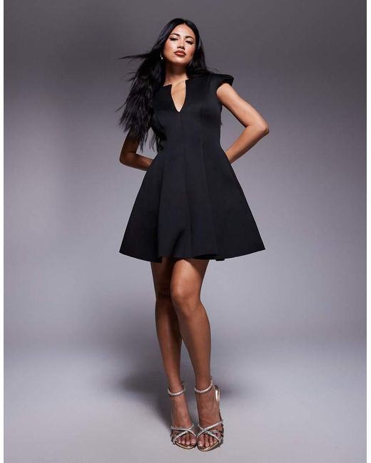 Goddiva Black Cap Sleeve Plunging V Neckline Skater Mini Dress