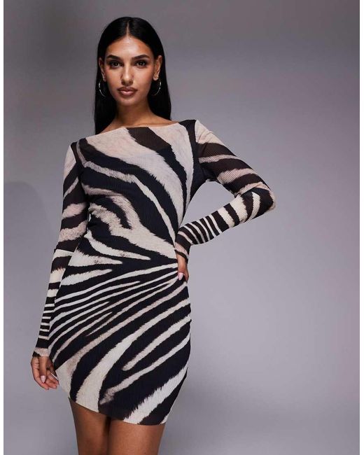 Murci Multicolor Slash Neck Long Sleeve Plisse Mini Dress