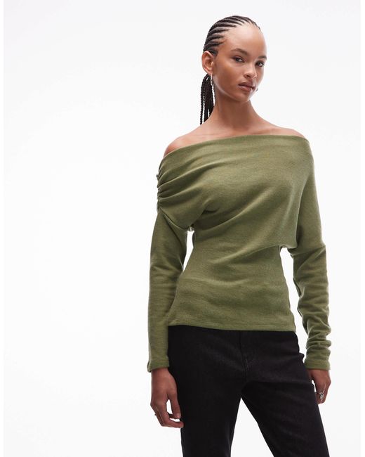 ASOS Green Supersoft Ruched Off Shoulder Long Sleeve Top