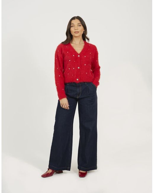 Brave Soul Red Fluffy Knit Cardigan With Jewel Embellishment