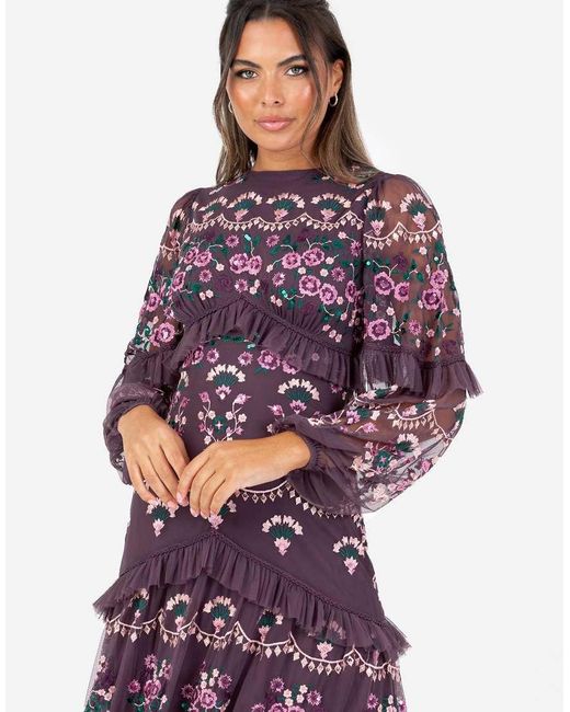 Maya Embroidered Long Sleeve Maxi Dress in Purple | Lyst UK