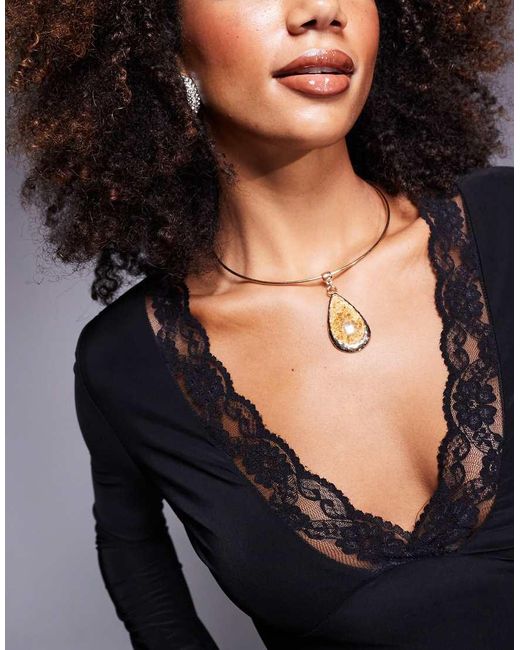 ASOS Black Slinky Plunge Lace Trim V Neck Top With Flared Sleeves