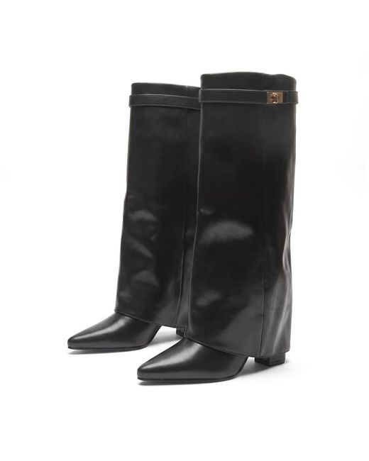 SEQWL Black Mid Heel Calf Boots With Metal Buckle And Zip Closure