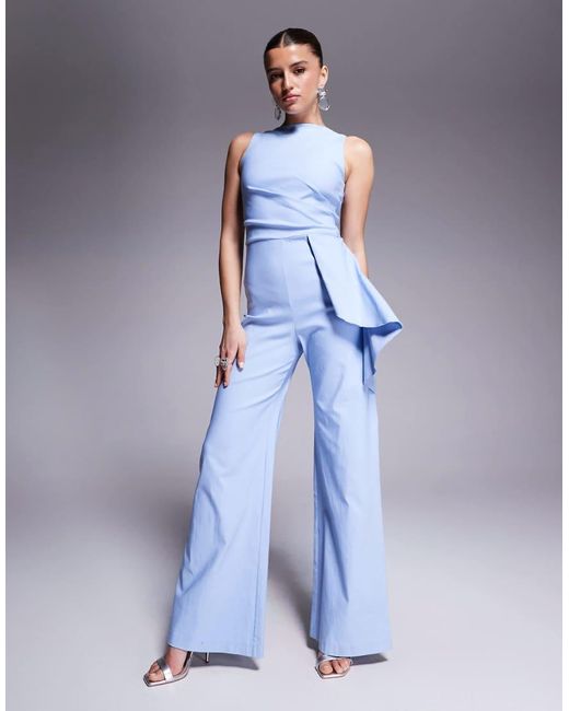 Vesper Blue Bengaline High Neck Drape Side Detail Wide Leg Jumpsuit