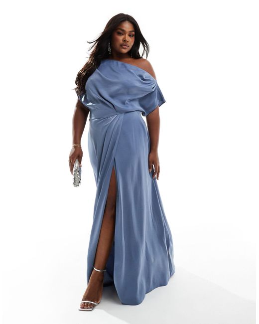 ASOS Blue Asos Design Curve Exclusive Satin Off Shoulder High Split Maxi Dress