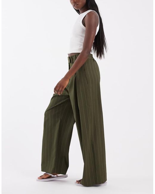 River Island Green Pinstripe Wide Leg Trousers
