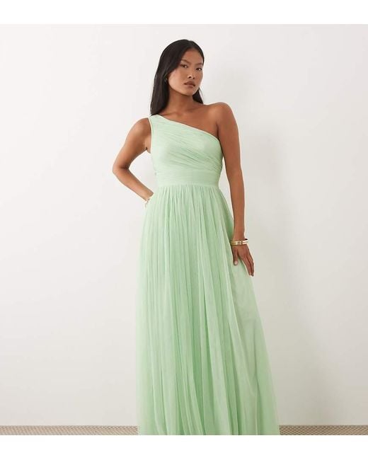 LACE & BEADS Green Bridesmaid Tulle One Shoulder Fitted Waist Maxi Dress