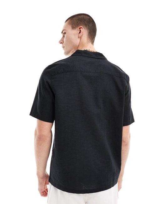 ASOS Black Relaxed Linen Blend Shirt With Revere Collar for men