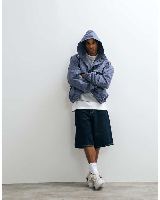 CERNUCCI Blue Nylon Check Hooded Windbreaker for men