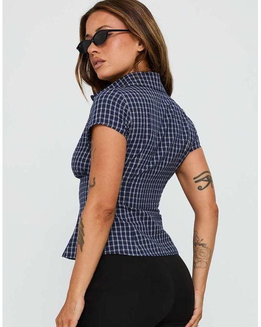 Princess Polly Blue Cottesloe Cotton Rich Pleat Waist Detail Fitted Short Sleeve Shirt