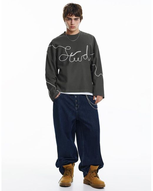 Pull&Bear Gray Stwd Drawstring Sweatshirt for men