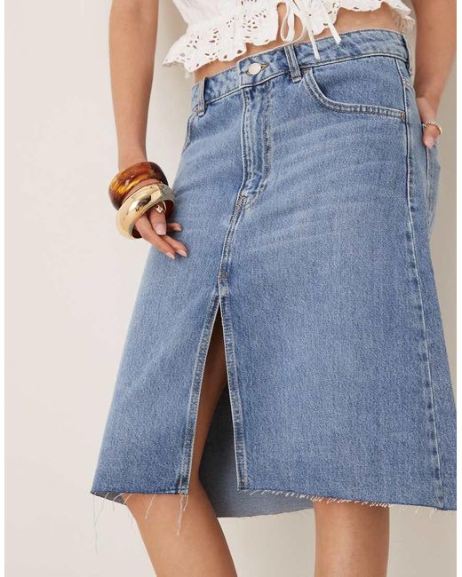 Mango Blue Split Front Knee Length Denim Skirt