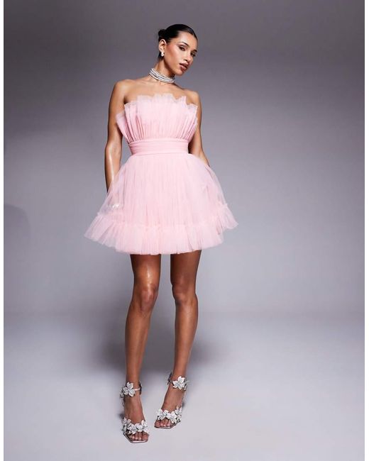LACE & BEADS Pink Bandeau Structured Mini Dress